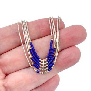 Multi-Strand Lapis Lazuli Beaded Necklace | Sterling Liquid Silver | 16.5"